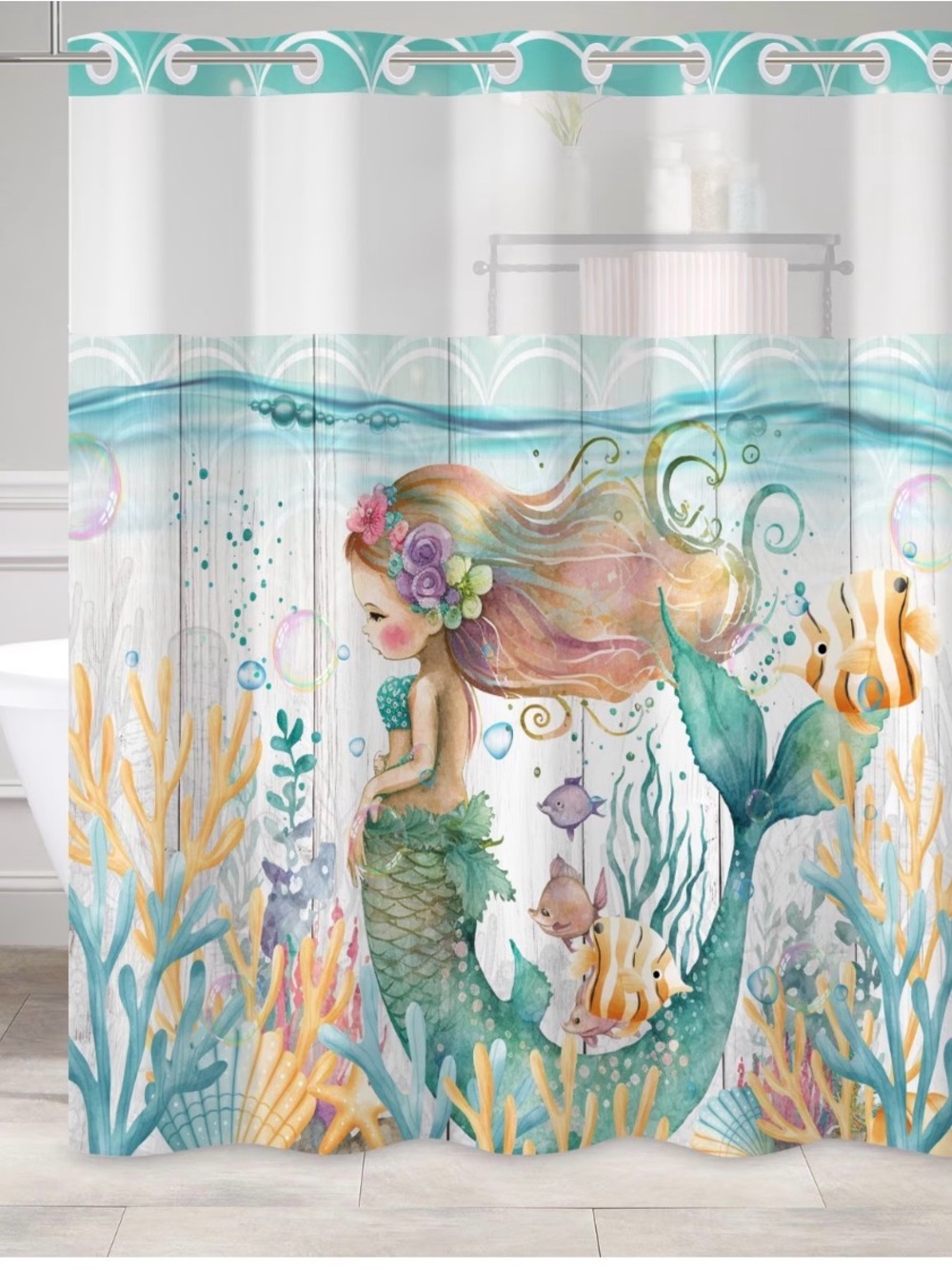 Girls Mermaid Bathroom Set-Shower Curtain & Wall Decor-Ocean Theme